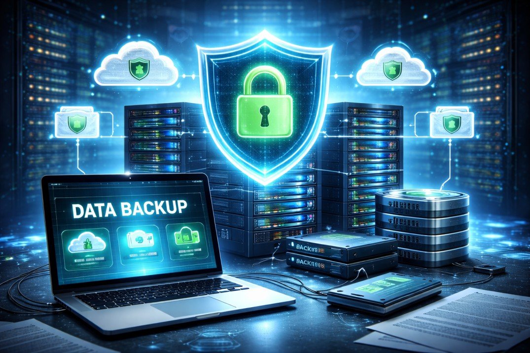Secure business data backup strategy showing 3-2-1 backup rule for ransomware protection and disaster recovery